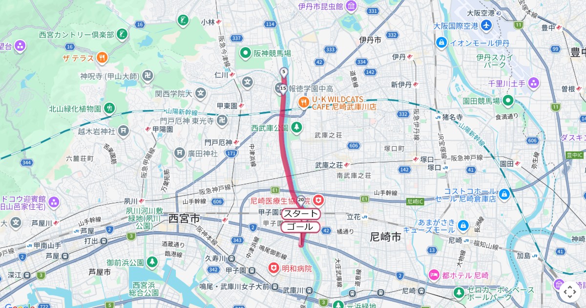 にしのみや武庫川ハーフマラソン,西宮マラソンのコースを地図で表示