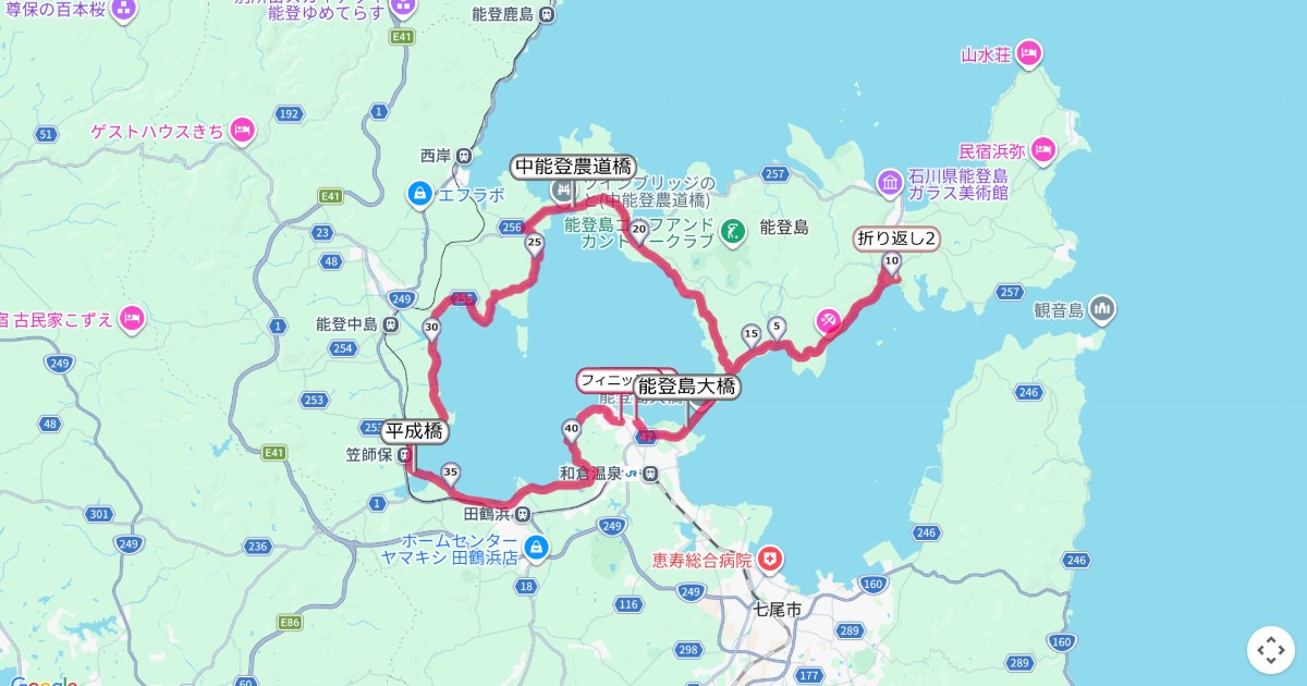 能登和倉万葉の里マラソンのコースを地図で表示