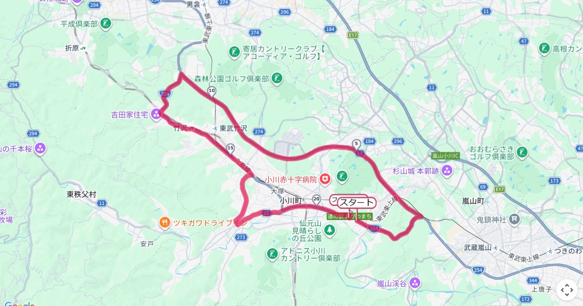 小川和紙マラソンのコースを地図で表示
