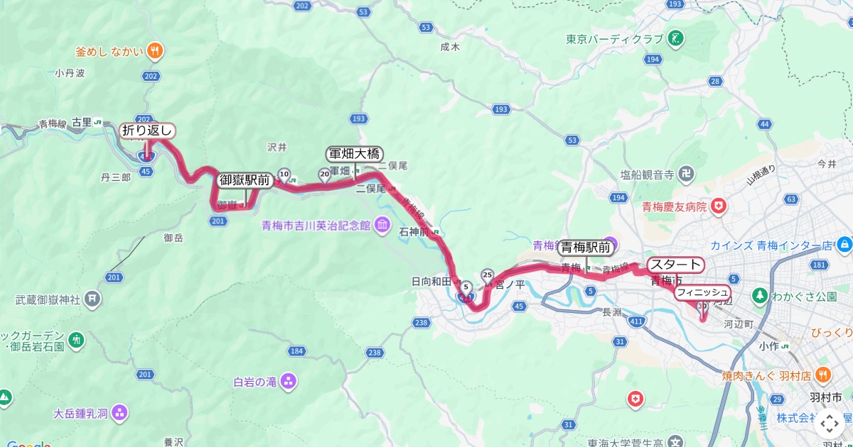 青梅マラソンのコースを地図で表示