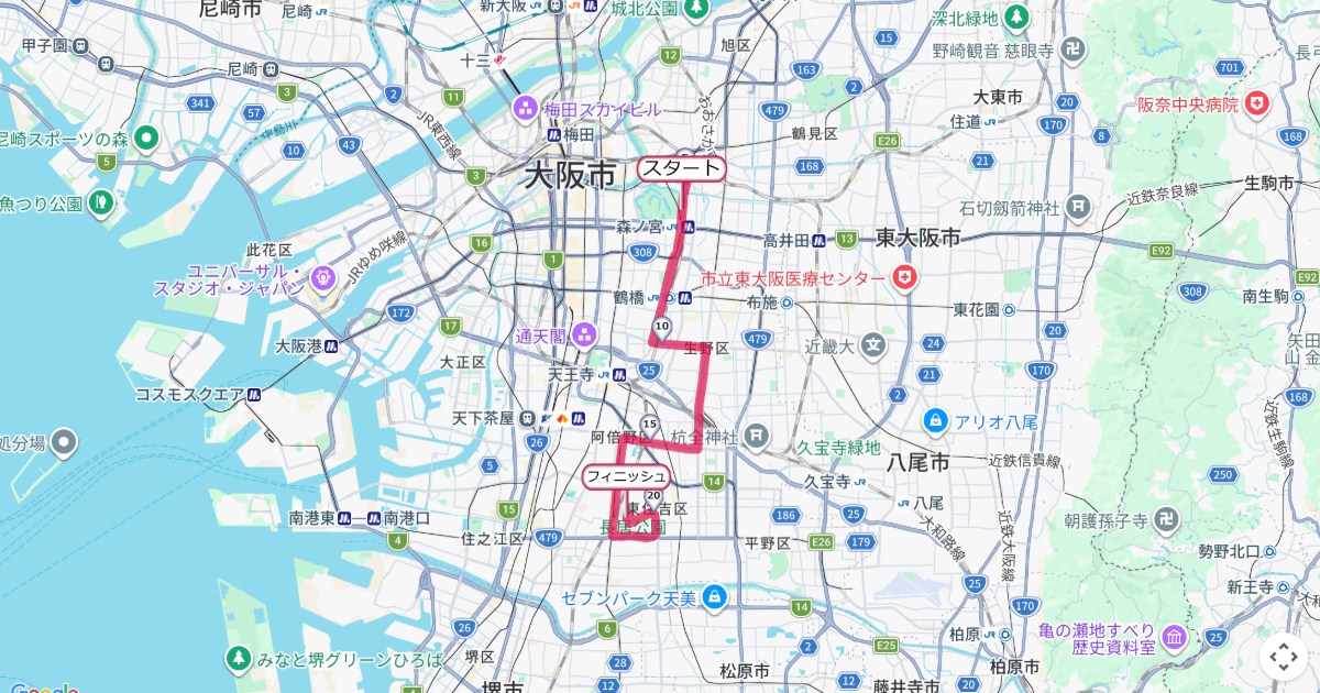 大阪ハーフマラソンのコースを地図で表示