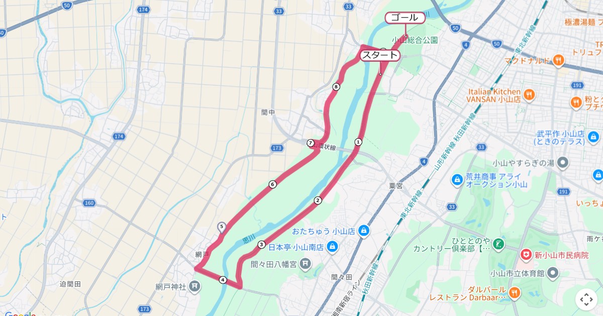 おやま春マラソンのコースを地図で表示