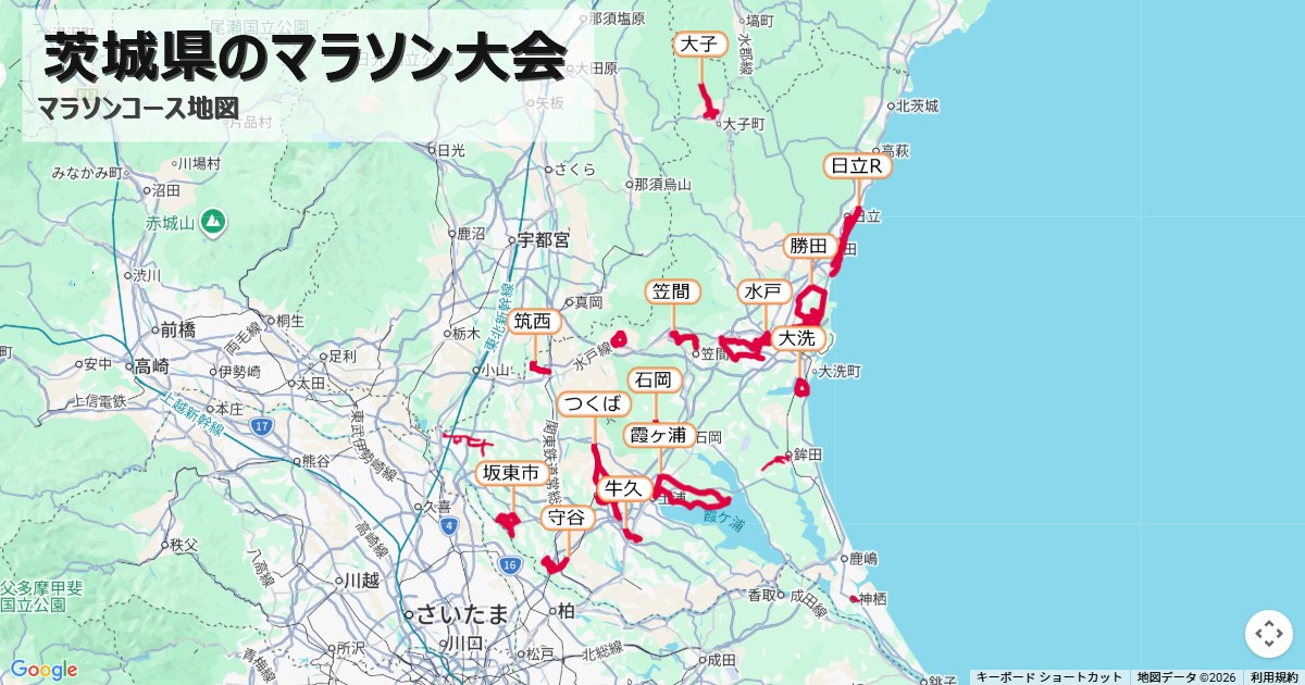 茨城県のマラソン大会のコースを地図で表示