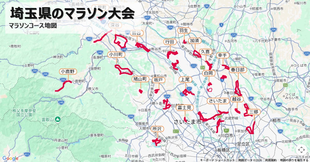 埼玉県のマラソン大会のコースを地図で表示