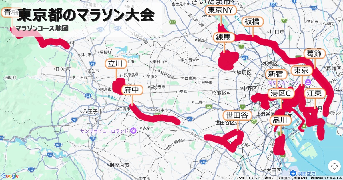 東京都のマラソン大会のコースを地図で表示