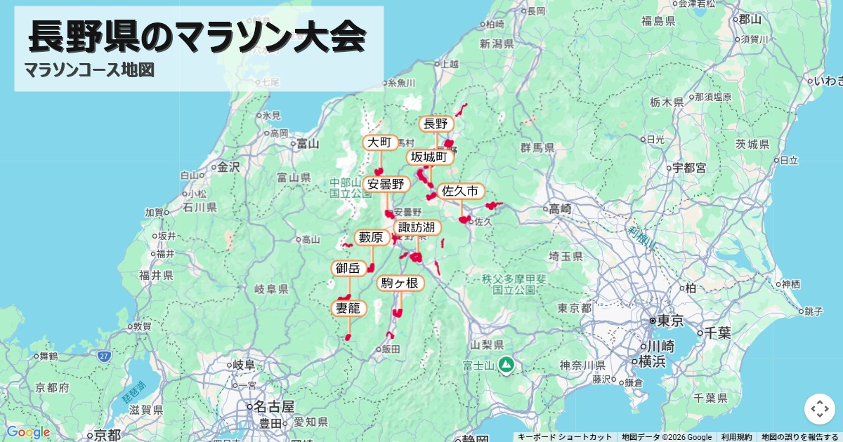 長野県のマラソン大会のコースを地図で表示