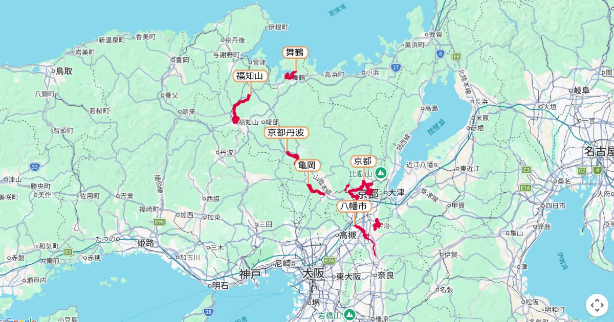 京都府のマラソン大会のコースを地図で表示