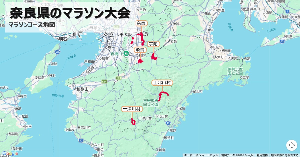 奈良県のマラソン大会のコースを地図で表示