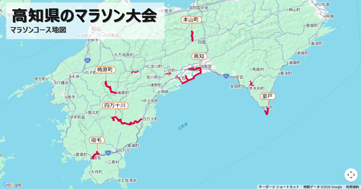 高知県のマラソン大会のコースを地図で表示