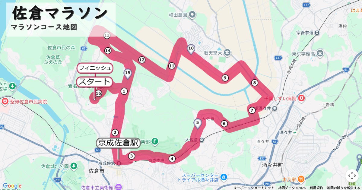 佐倉マラソンのコースを地図で表示