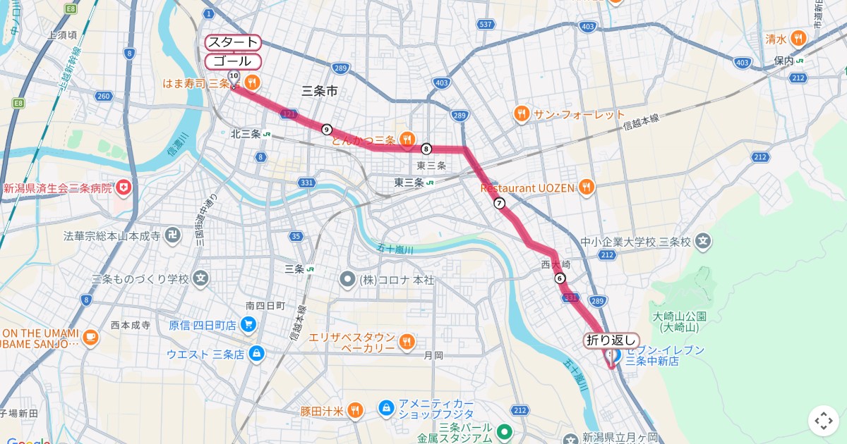 三条市元旦マラソンのコースを地図で表示