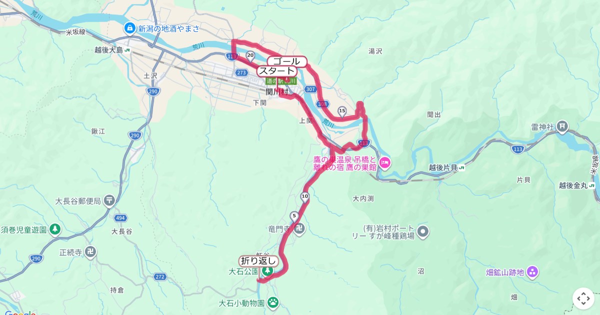 関川マラソンのコースを地図で表示