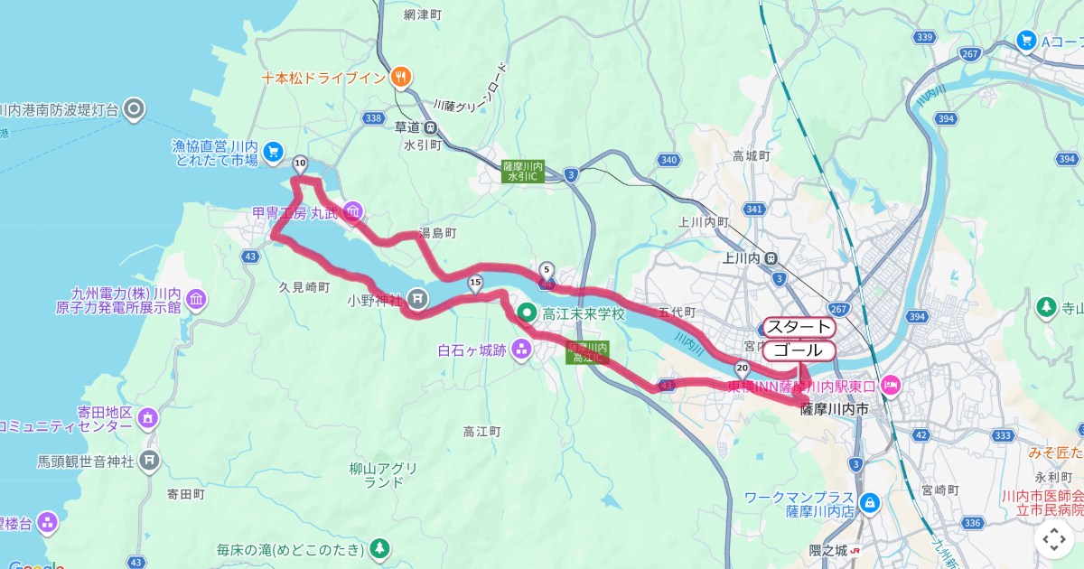 川内川河口マラソンのコースを地図で表示