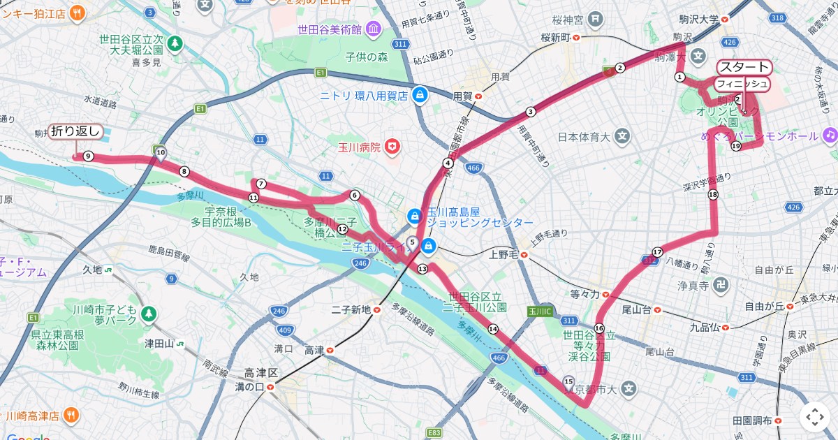 世田谷246ハーフマラソンのコースを地図で表示