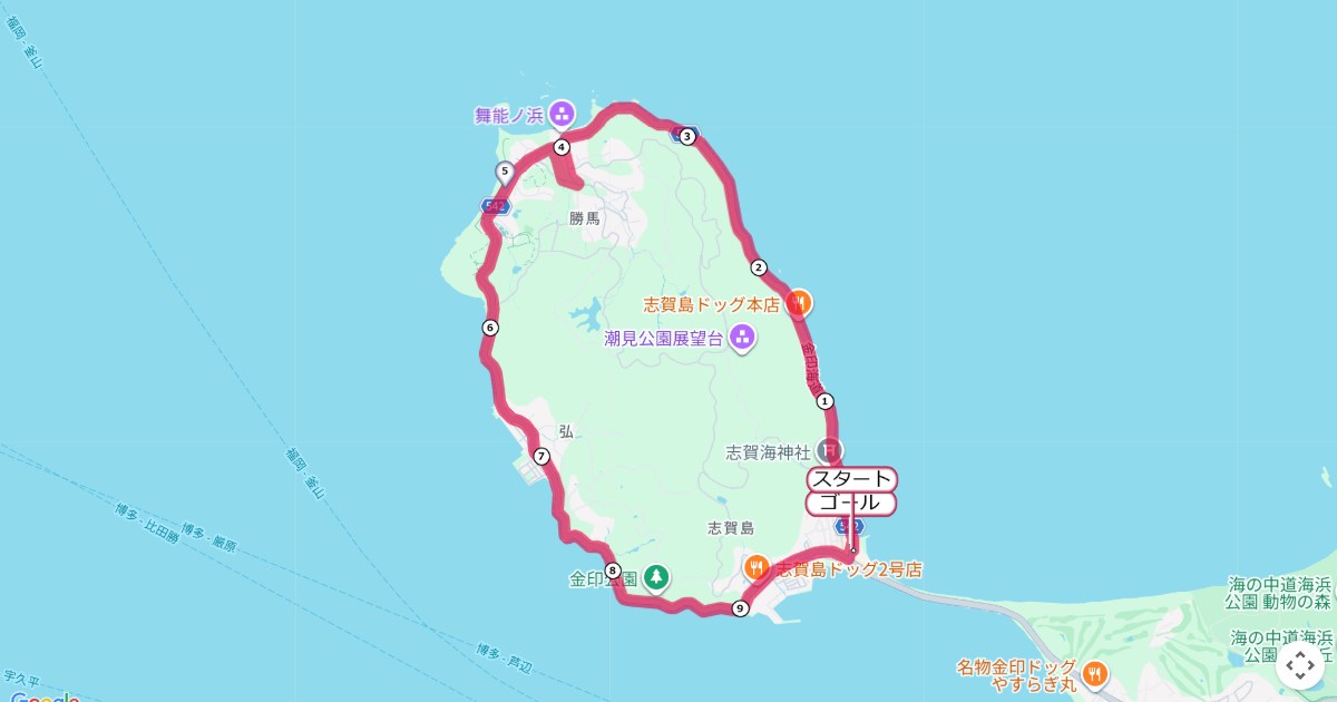 福岡志賀島金印マラソンのコースを地図で表示