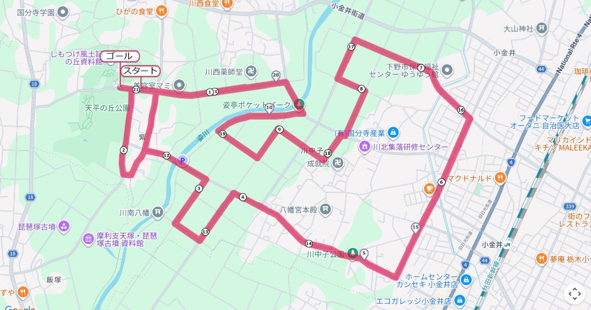 下野市天平マラソンのコースを地図で表示
