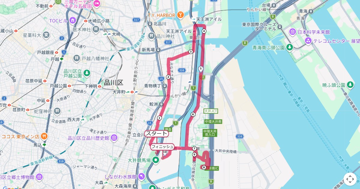 しながわシティラン,品川マラソンのコースを地図で表示