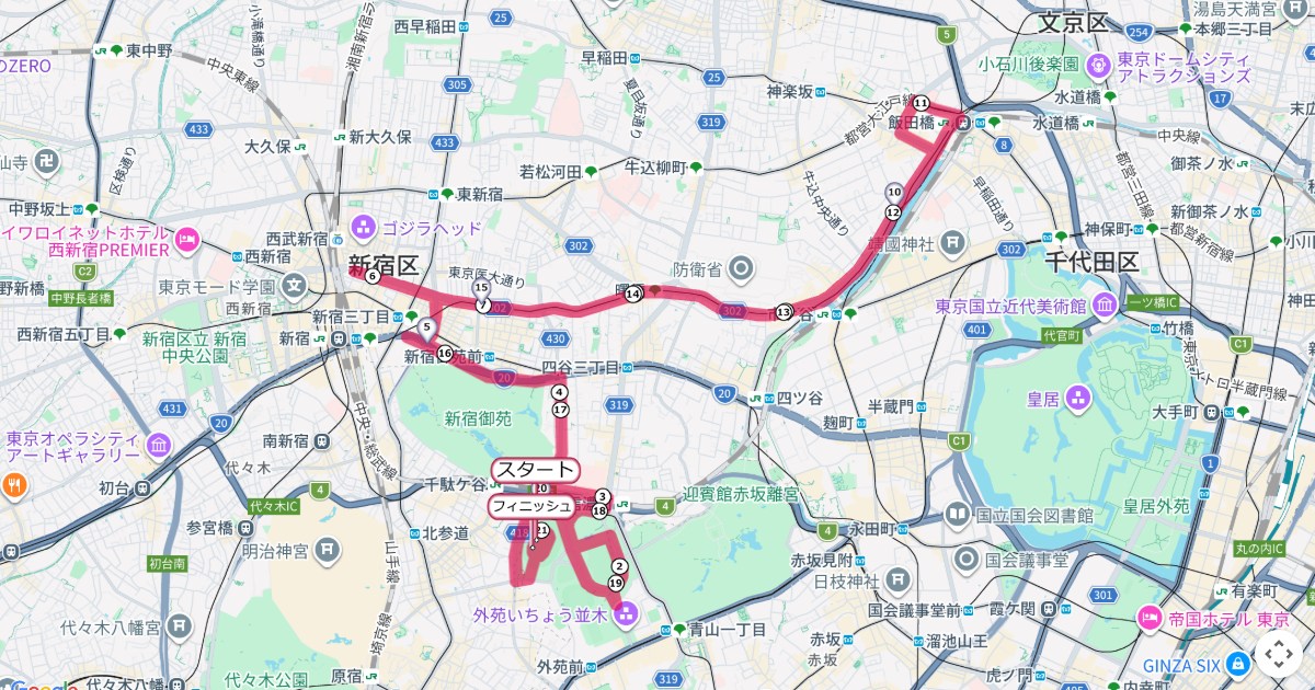新宿シティハーフマラソンのコースを地図で表示