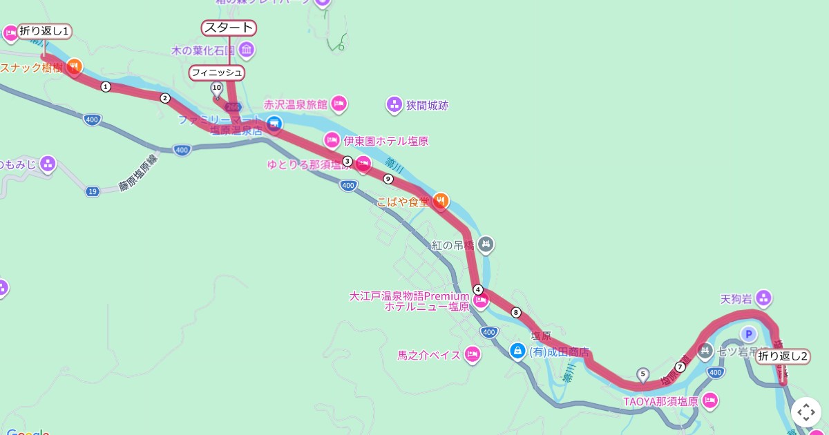 塩原温泉湯けむりマラソンのコースを地図で表示