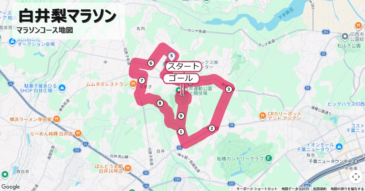 白井梨マラソンのコースを地図で表示