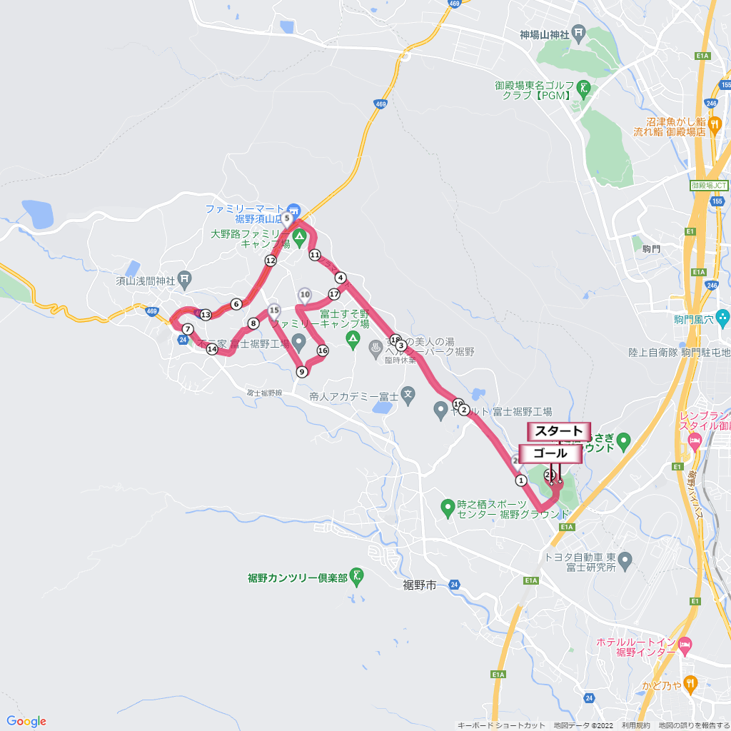 富士裾野高原マラソン,コース,地図,マップ,距離とタイム,高低差
