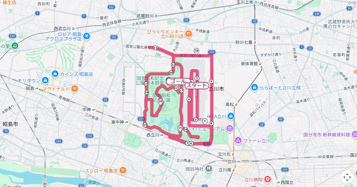 立川シティハーフマラソンのコースを地図で表示