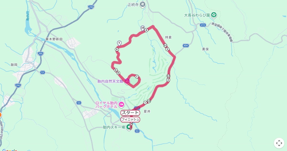たいない高原マラソンのコースを地図で表示