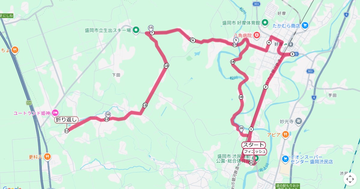 啄木の里ふれあいマラソンのコースを地図で表示