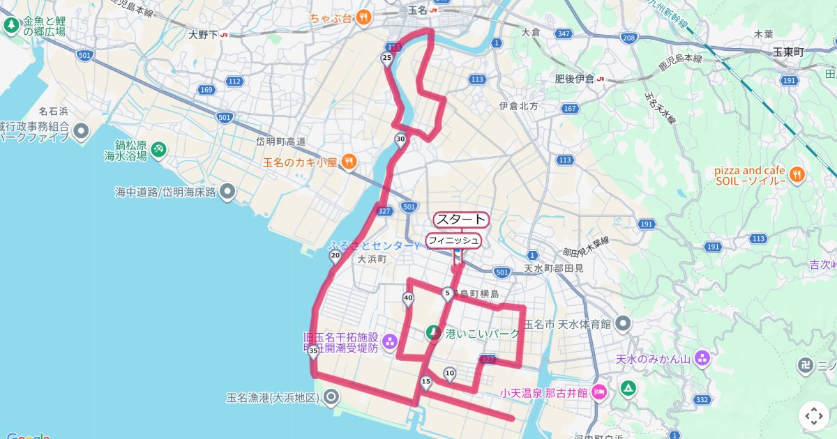 玉名いだてんマラソンのコースを地図で表示