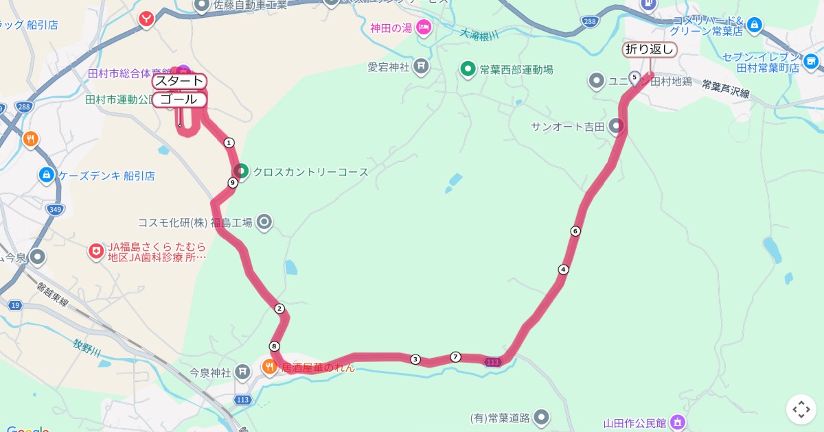 田村富士ロードレースのコースを地図で表示