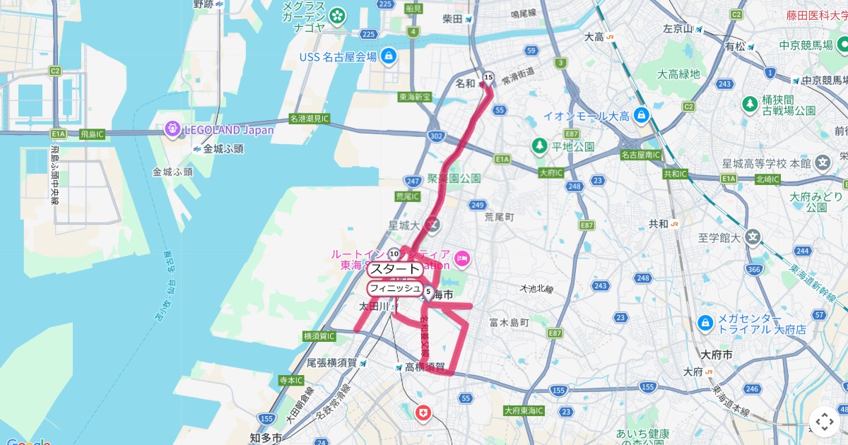 東海ハーフマラソンのコースを地図で表示