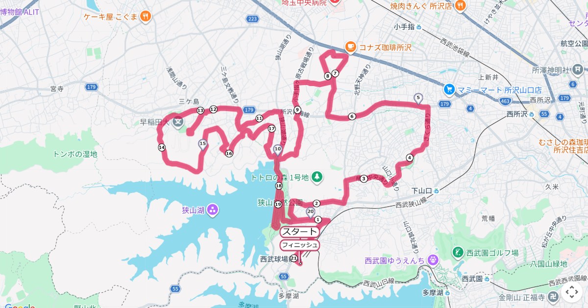 所沢シティマラソンのコースを地図で表示