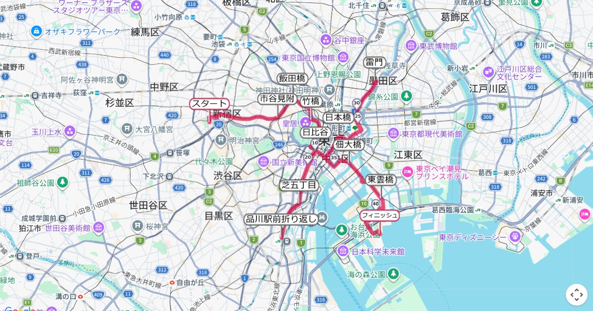 東京マラソン(2016年までのコース)のコースを地図で表示