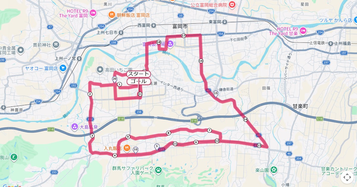 群馬サファリ富岡マラソンのコースを地図で表示