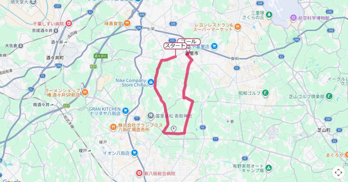 富里スイカロードレースのコースを地図で表示