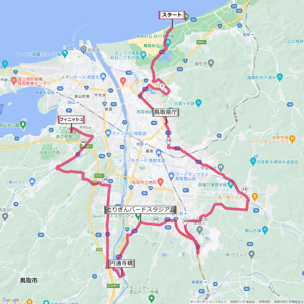 鳥取マラソン,コース,地図,マップ,距離とタイム,高低差