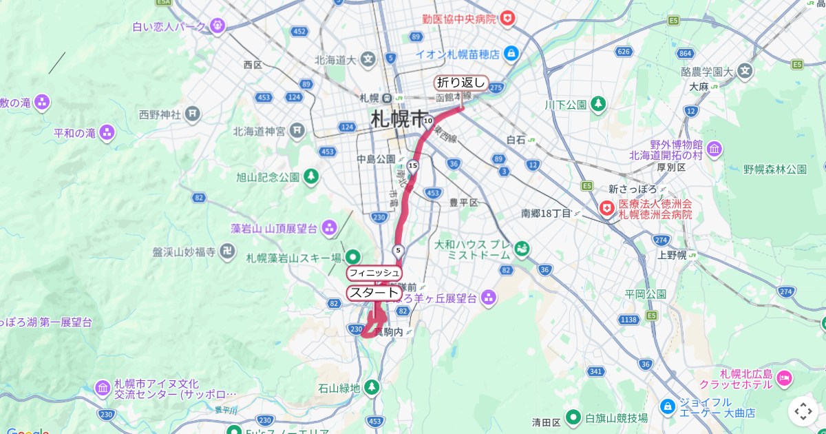 豊平川マラソンのコースを地図で表示