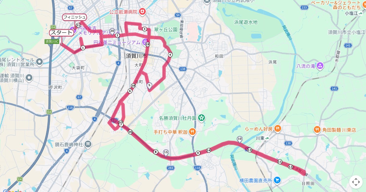円谷幸吉メモリアルマラソン,須賀川マラソンのコースを地図で表示