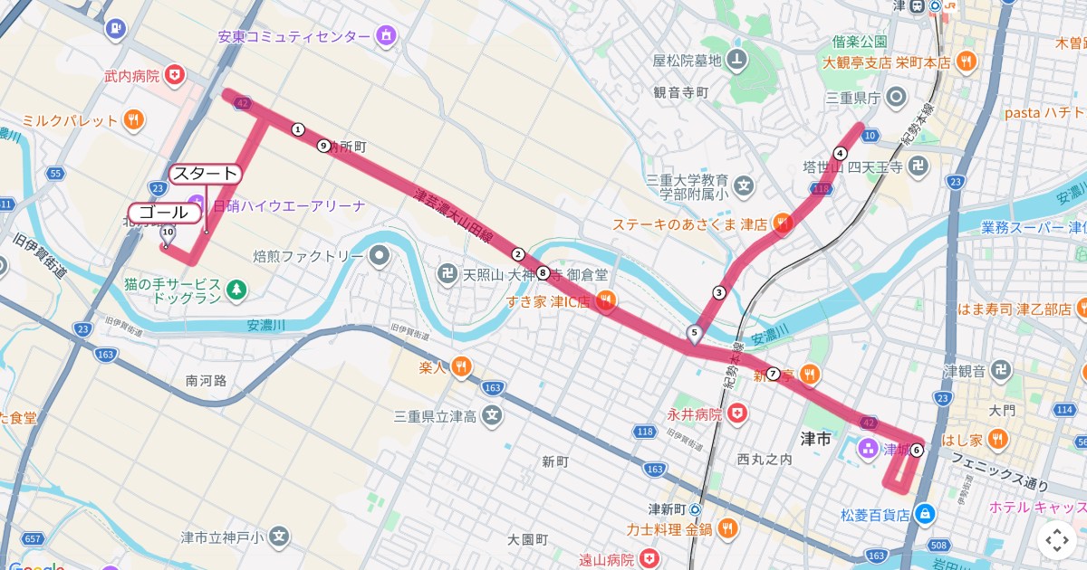津シティマラソンのコースを地図で表示