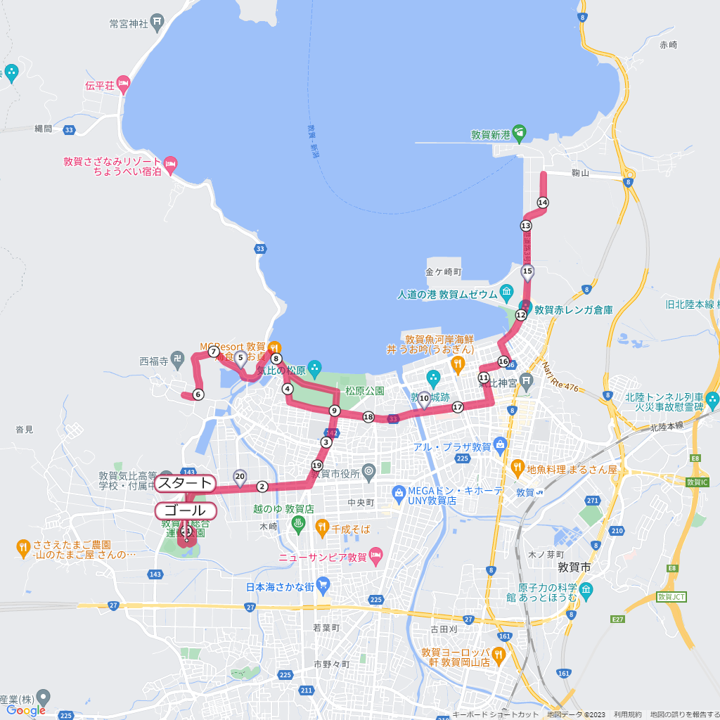 敦賀マラソン,コース,地図,マップ,距離とタイム,高低差