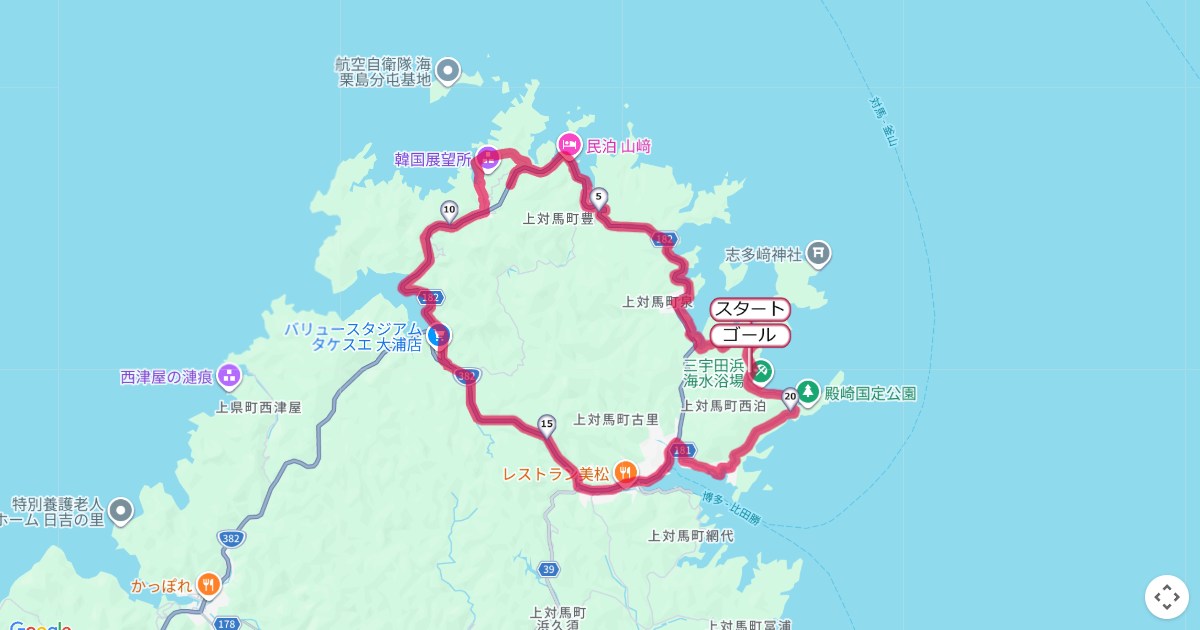 国境マラソンin対馬のコースを地図で表示