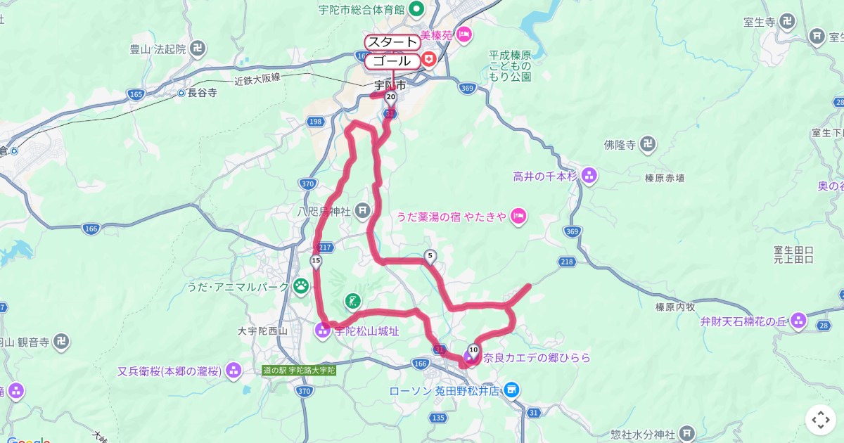 宇陀シティマラソンのコースを地図で表示