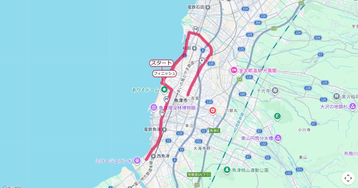 魚津しんきろうマラソンのコースを地図で表示