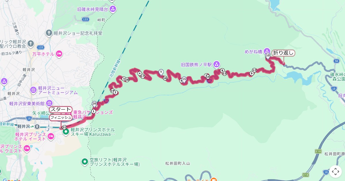 碓氷峠ラン184のコースを地図で表示