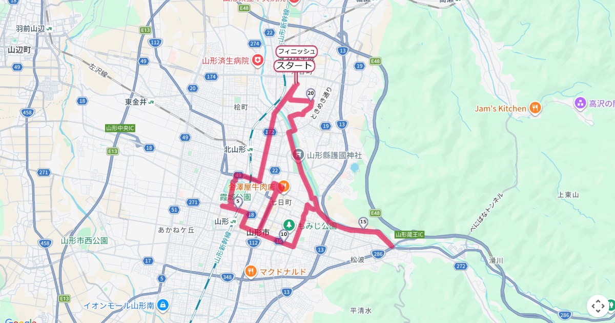 山形まるごとマラソンのコースを地図で表示