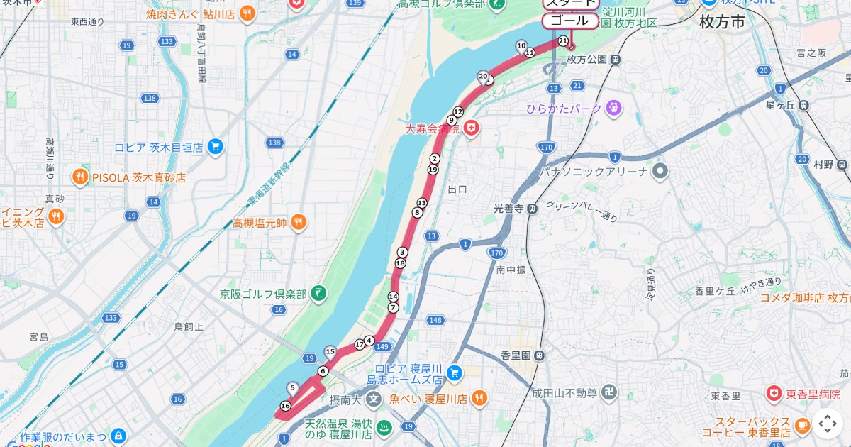 淀川寛平マラソンのコースを地図で表示