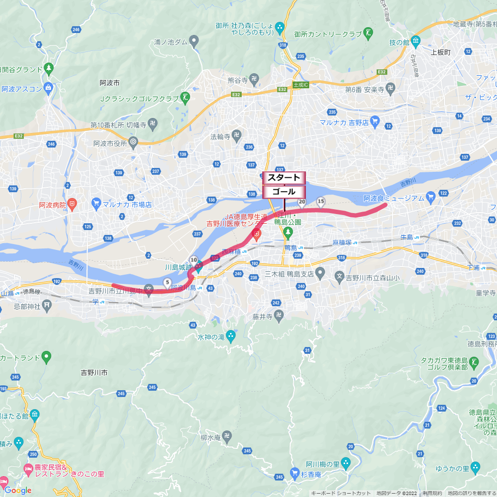 吉野川市リバーサイドハーフマラソン,コース,地図,マップ,距離とタイム,高低差