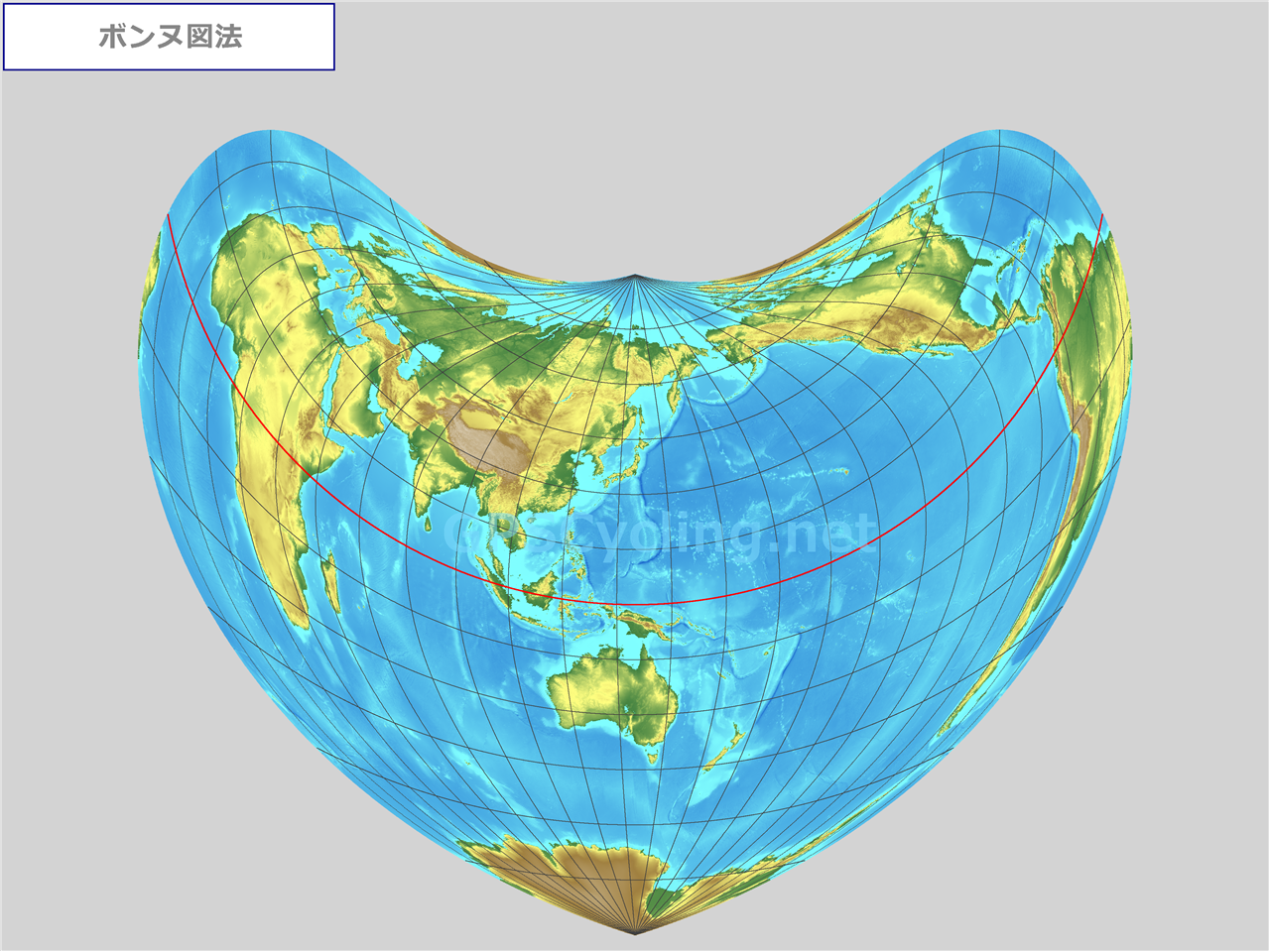 ボンヌ図法 世界地図フリー素材